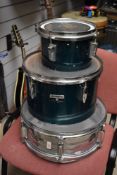 Two Olympic tom style (32 and 22cm diameter) and an unbranded snare drum