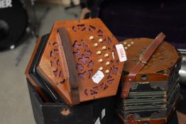An early 20th Century Lachenal Concertina, labelled 53314, with wooden case and an early to mid 20th