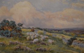 Charles James Adams (British 1859-1931) watercolour, droving sheep within a moorland landscape,