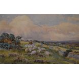 Charles James Adams (British 1859-1931) watercolour, droving sheep within a moorland landscape,