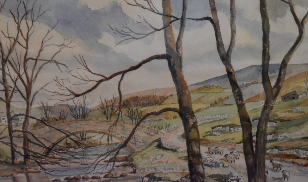 20th Century British School, watercolour, a rural countryside scene, with sheep walking along a