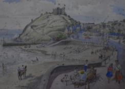 RCD Lowry (British, 1924-2011), watercolour, A busy beach scene with castle to the background,