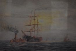 H Parson (British 20th century) watercolour sketch, shipping scene with tug towing a masted ship,