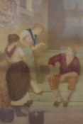 An early 20th century hand-tinted print, depicting a playful exchange between a seated gentleman and