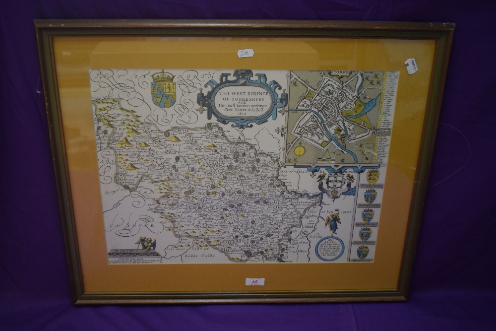 After John Speed (1551/2-1629), a coloured print, A map of the West Riding of Yorkshire (with the - Image 2 of 3