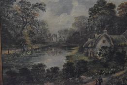A late 19th century oil on canvas, landscape with river, figures, thatched cottages and ruined