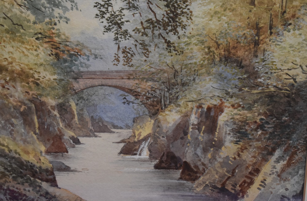 A late 19th/early 20th century British School watercolour, autumnal gorge with bridge, unsigned,