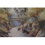 A late 19th/early 20th century British School watercolour, autumnal gorge with bridge, unsigned,