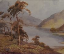Reg. E. Willimott (British School), watercolour, An autumnal lakeland scene with tall trees to the