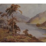 Reg. E. Willimott (British School), watercolour, An autumnal lakeland scene with tall trees to the