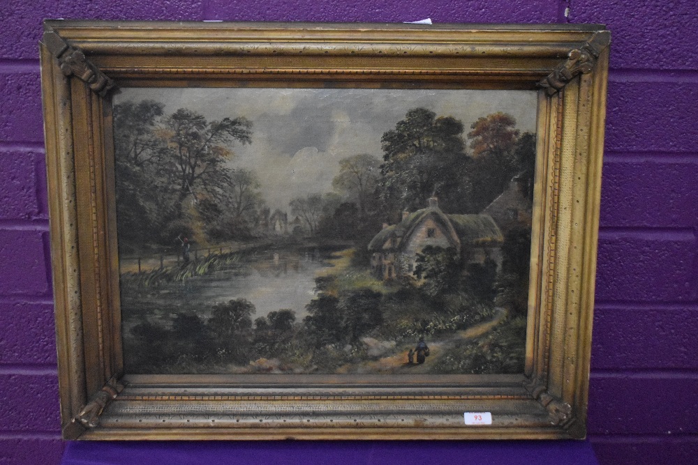 A late 19th century oil on canvas, landscape with river, figures, thatched cottages and ruined - Image 2 of 3