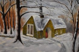 Unknown Artist, Oil on canvas, A naive landscape depicting a solitary chapel in a winter woodland