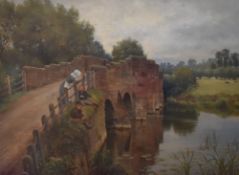 Sidney Currie (British act.1892-1930) oil on canvas, river scene with sandstone bridge and boys