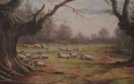 A well executed late 19th century watercolour, a woodland pastoral clearing with prominent oak trees
