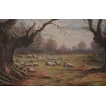 A well executed late 19th century watercolour, a woodland pastoral clearing with prominent oak trees