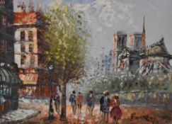 A 20th century oil on canvas, Parisian street scene with figures, signed Barney lower right,