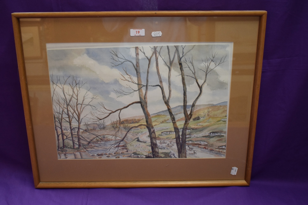 20th Century British School, watercolour, a rural countryside scene, with sheep walking along a - Image 2 of 3