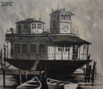 A large mid-century Giclee print on canvas, a striking image of a moored boat 'Neptune' facsimile