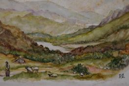 DSRA (unknown), acrylic on ceramic tile, pastoral landscape depicting figures and grazing sheep