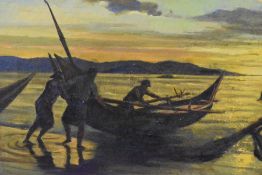 A 20th century Italian School oil on canvas, depicting fishing scene at sunset with good use of