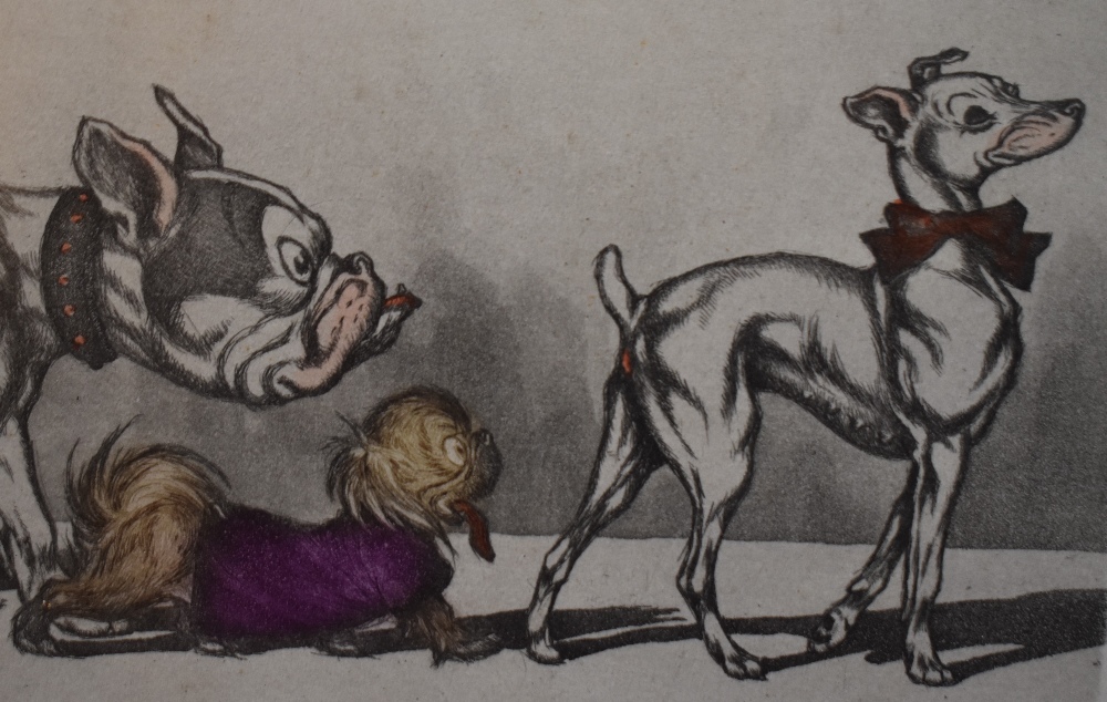 After Boris O'Klein (1893-1985), coloured etchings, Two 'The Dirty Dogs of Paris' cartoon engravings