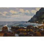 Edgar Longstaffe (British 1852-1933) oil on canvas, coastal scene with figures, liner in the