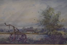 Cecil J Thornton (British 1911-2001) watercolour, agricultural scene with abandoned tiller, signed