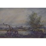 Cecil J Thornton (British 1911-2001) watercolour, agricultural scene with abandoned tiller, signed