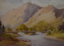 Reg. E. Willimott (British School), watercolour, A hilly landscape scene with river flowing under