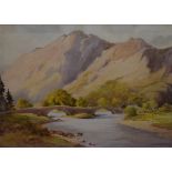 Reg. E. Willimott (British School), watercolour, A hilly landscape scene with river flowing under