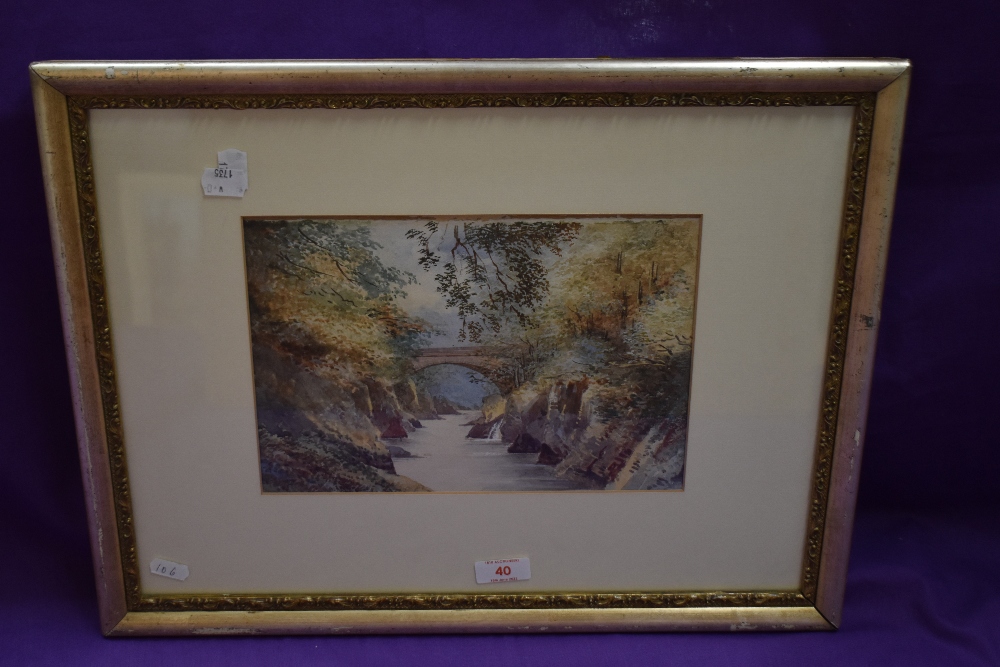 A late 19th/early 20th century British School watercolour, autumnal gorge with bridge, unsigned, - Image 2 of 3