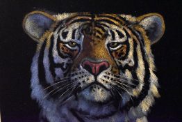 A 20th century oil painting on felt, depiction of a majestic tiger, signed Vaughan and dated 1990