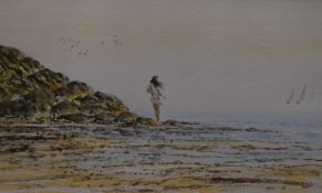 G. Rushton (20th Century British School), watercolour, A tranquil beachscape depicting a paddling