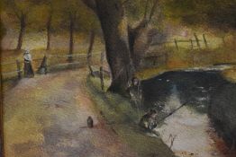 Malcolm R. Gleeson (British 20th Century) watercolour, 'Children fishing at dusk' within woodland