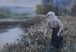 A Ward (British 19th/20th century) watercolour, a young girl collecting flowers at a river bank,