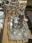 Six vintage silver plated candlesticks, a tray with ornate border and handles, a coffee pot and a