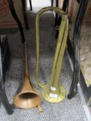 Two vintage horns, one brass the other a copper coaching horn with brass cuff, AF.