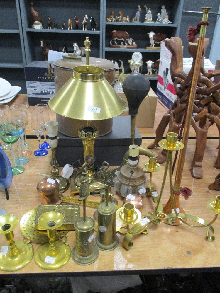A variety of brass, copper and similar, to include Princess Mary Christmas 1914 tin, Lamp base and