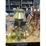 A variety of brass, copper and similar, to include Princess Mary Christmas 1914 tin, Lamp base and