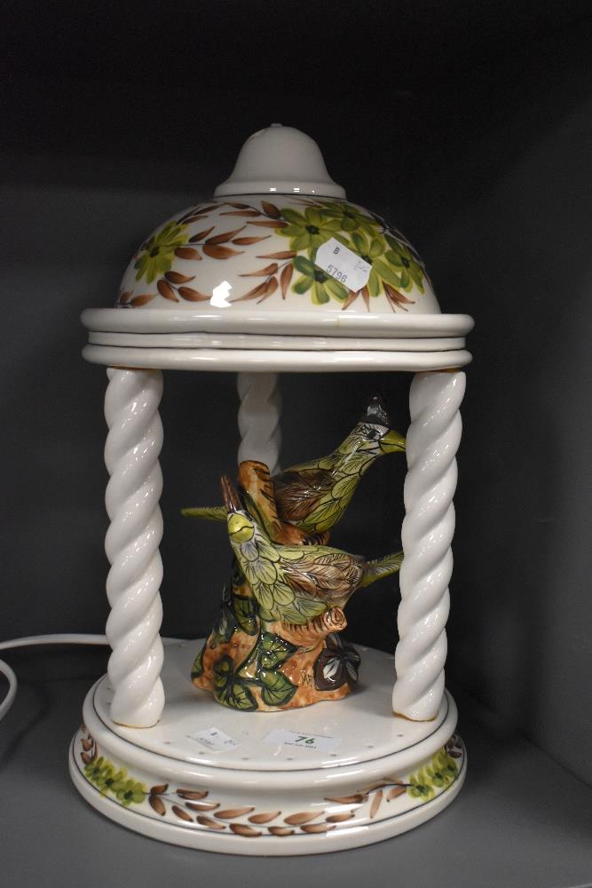 A mid century Derek Fowler lamp base, in the form of a garden pagoda with birds to centre.