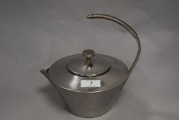 A Modernist style stainless steel Danish teapot with wire grip handle, 'Stainless 18/8 Denmark',