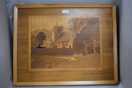 T.Leslie Hawkes, an inlaid wood plaque depicting Grasmere church, signed to the lower right, 45cm