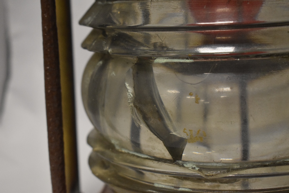 A 19th Century copper and brass ship's masthead lantern, with painted turned carrying handle, and - Image 2 of 3