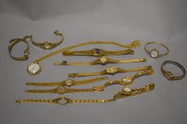 A selection of ladies vintage wristwatches, all gold coloured, to include an Oris Super with 17