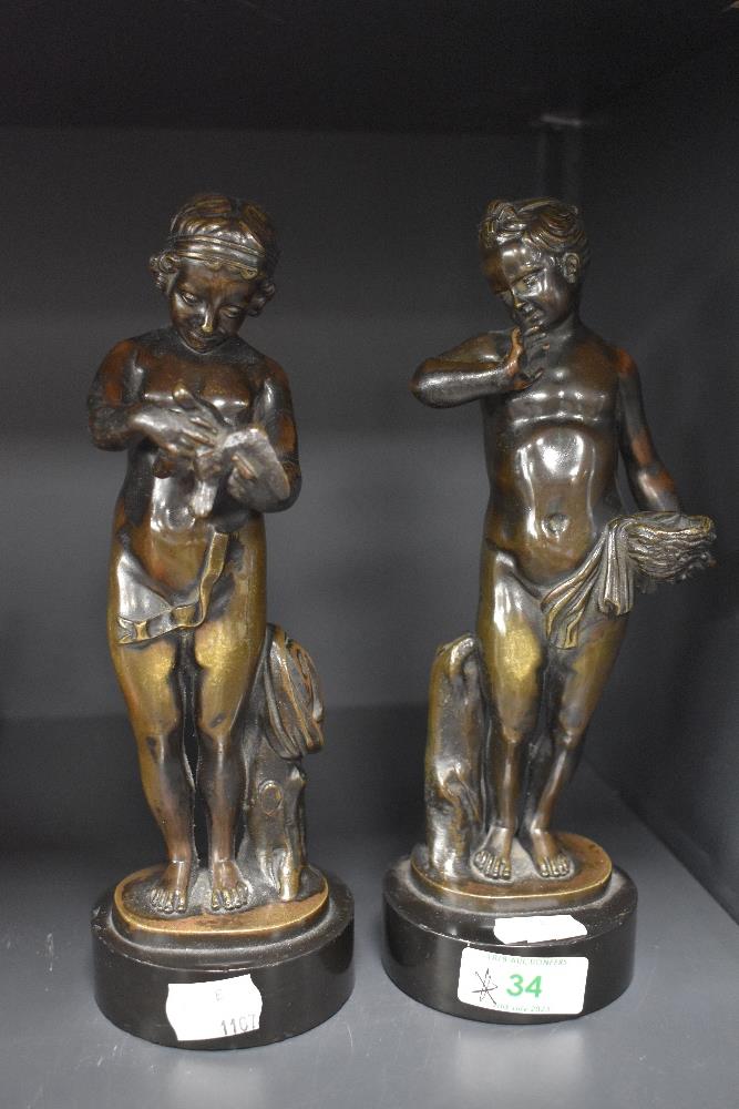 A pair of 19th century cold painted bronze or bronze effect studies, on black natural stone bases, a