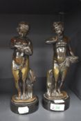 A pair of 19th century cold painted bronze or bronze effect studies, on black natural stone bases, a