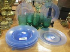 A collection of vintage blue glass plates, having lustre finish and five green moulded glasses.