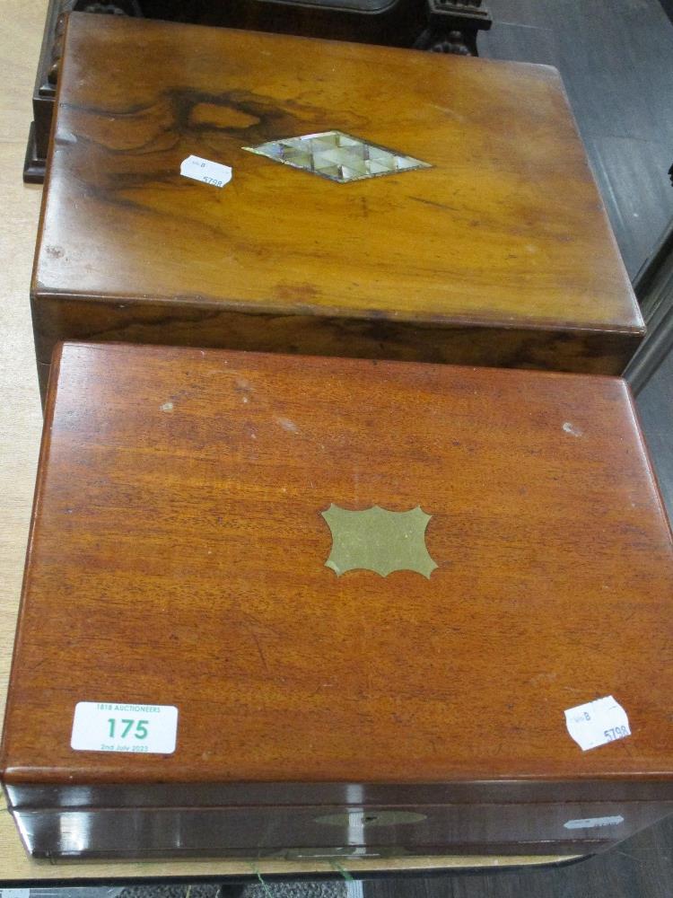 An early 20th century Mother of pearl inlaid jewellery box, having quilted red lining, and another