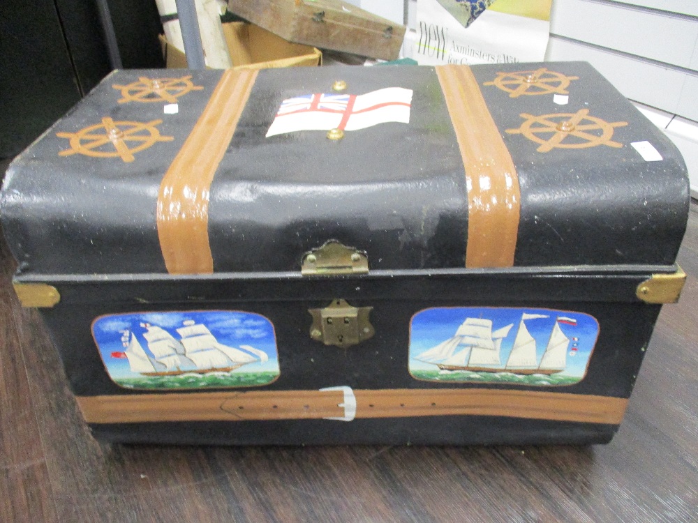 A vintage metal chest, having painted scenes, of nautical interest.