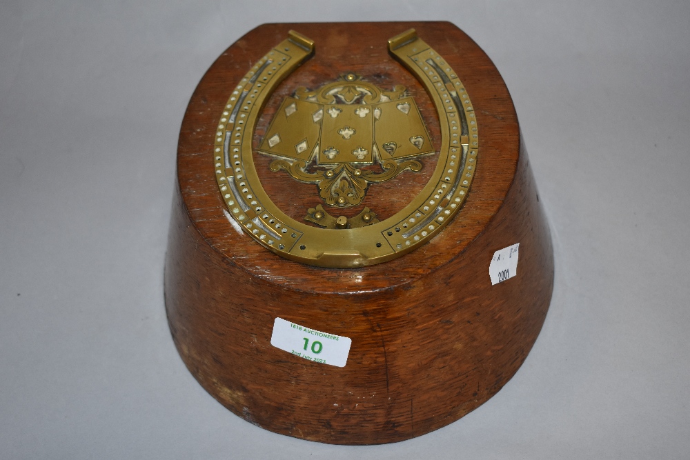 An interesting late 19th Century oak playing card & cribbage board box, the cast brass horseshoe